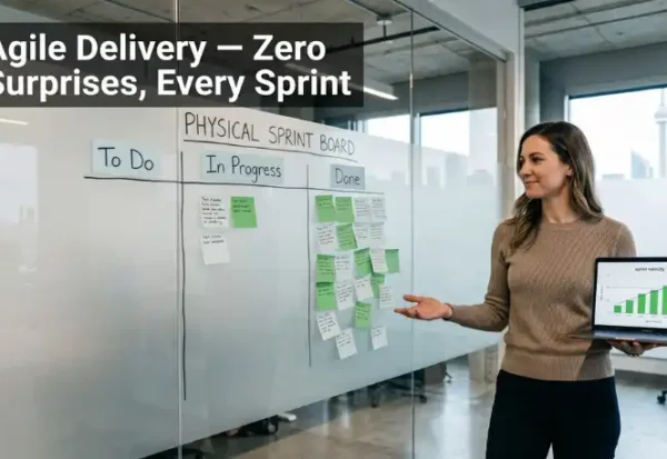 Woman presents Agile sprint board and sprint velocity chart on laptop