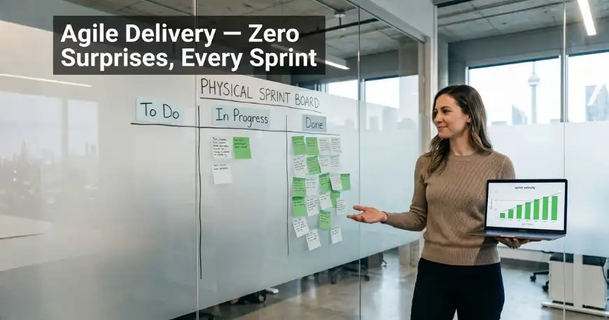 Woman presents Agile sprint board and sprint velocity chart on laptop