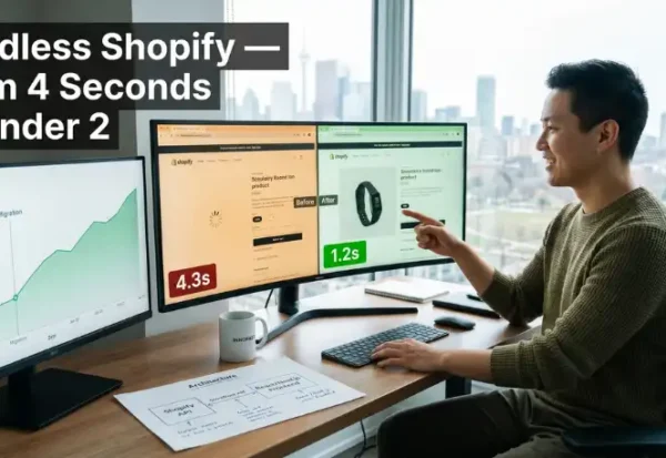 Developer shows faster load times on Headless Shopify vs conversion rates chart.