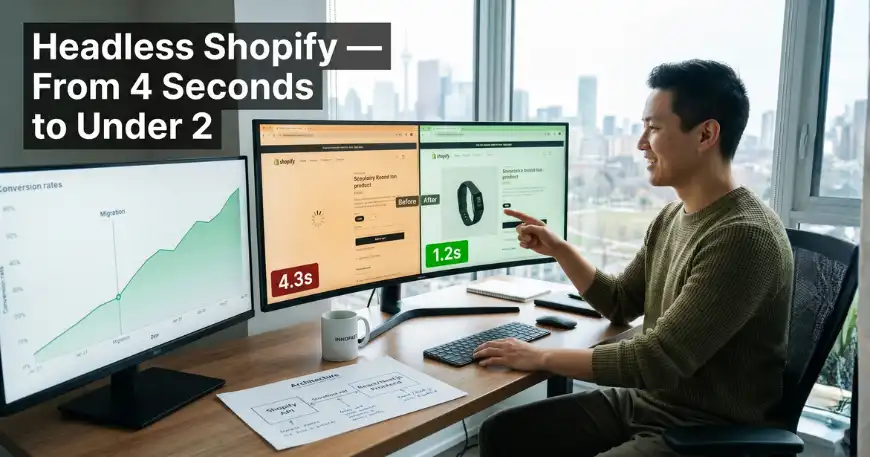 Developer shows faster load times on Headless Shopify vs conversion rates chart.