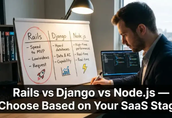 Professional compares Rails vs Django vs Node.js tech stacks on whiteboard.