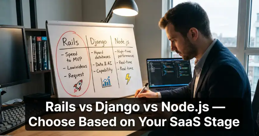 Professional compares Rails vs Django vs Node.js tech stacks on whiteboard.