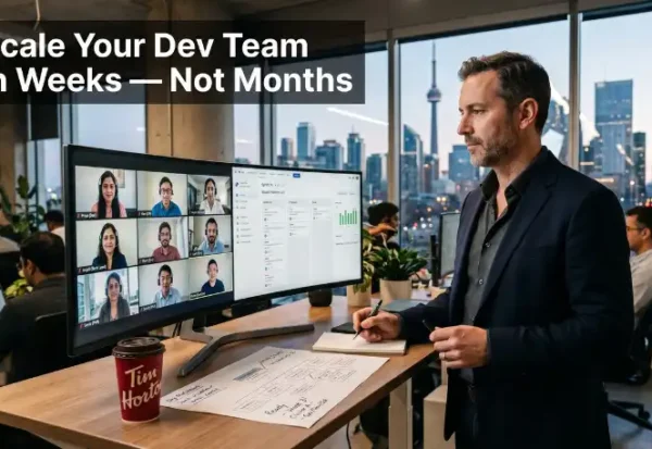 Manager uses large monitor for video conference to scale remote dev team