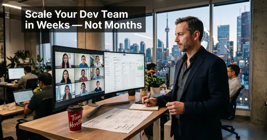Manager uses large monitor for video conference to scale remote dev team