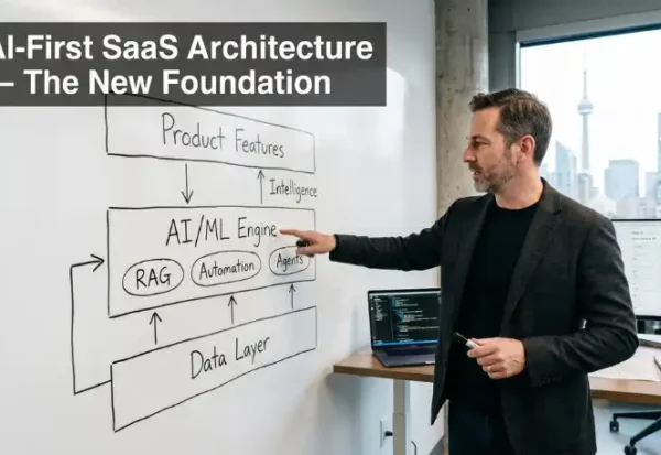 Man explains AI-First SaaS architecture diagram featuring AI/ML engine.