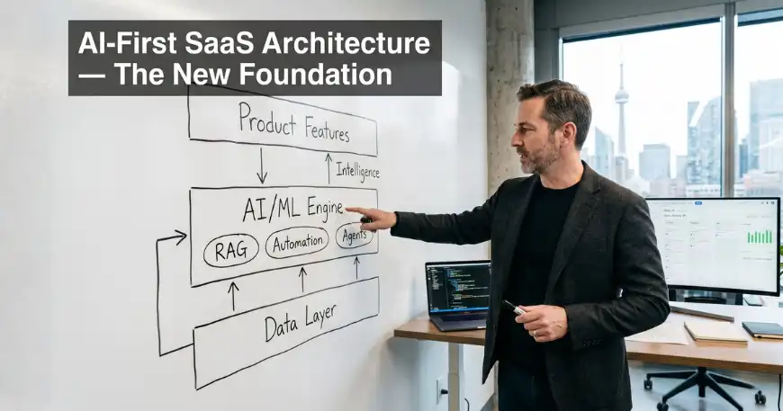 Man explains AI-First SaaS architecture diagram featuring AI/ML engine.